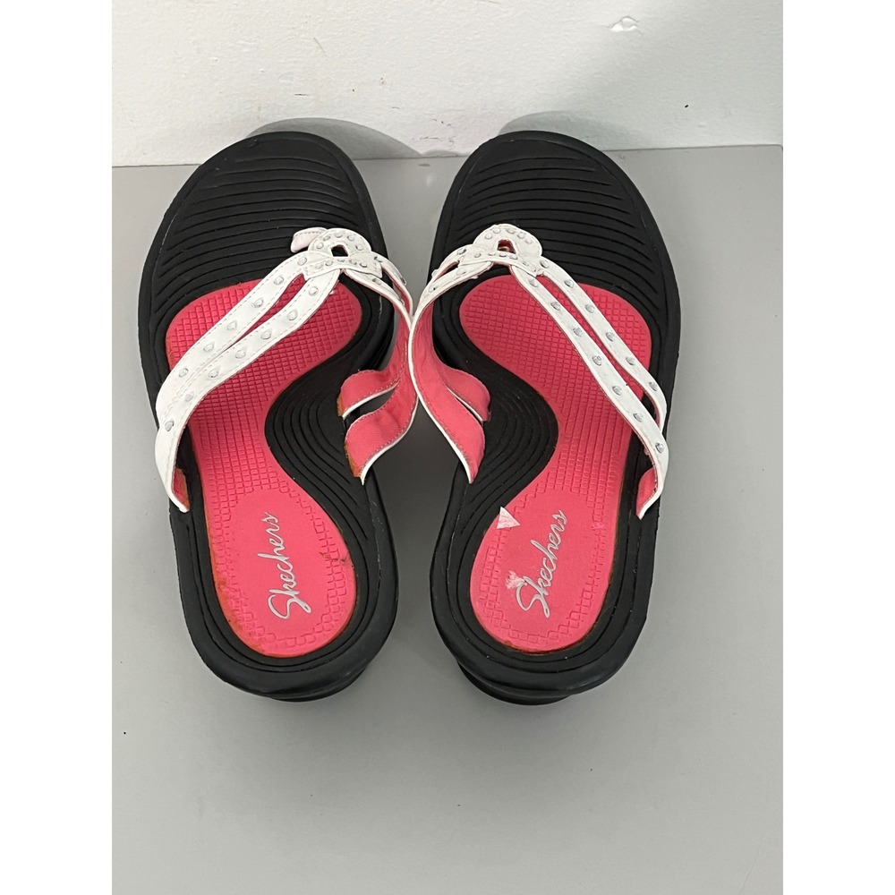 Skechers Wedge Sandals Womens 10 White Pink Rhinestone Platform Flip Flops - Picture 3 of 6
